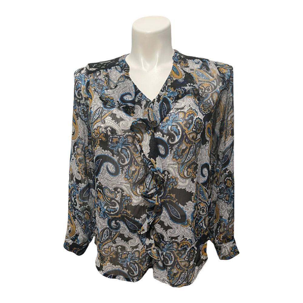 FIGUEROA & Flower V-Neck Ruffle Detail‎ Paisley Print Sheer Blouse Top M